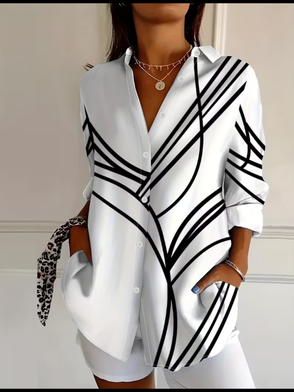 Women's White Button-Up Shirt with Black Geometric Stripes Box-i